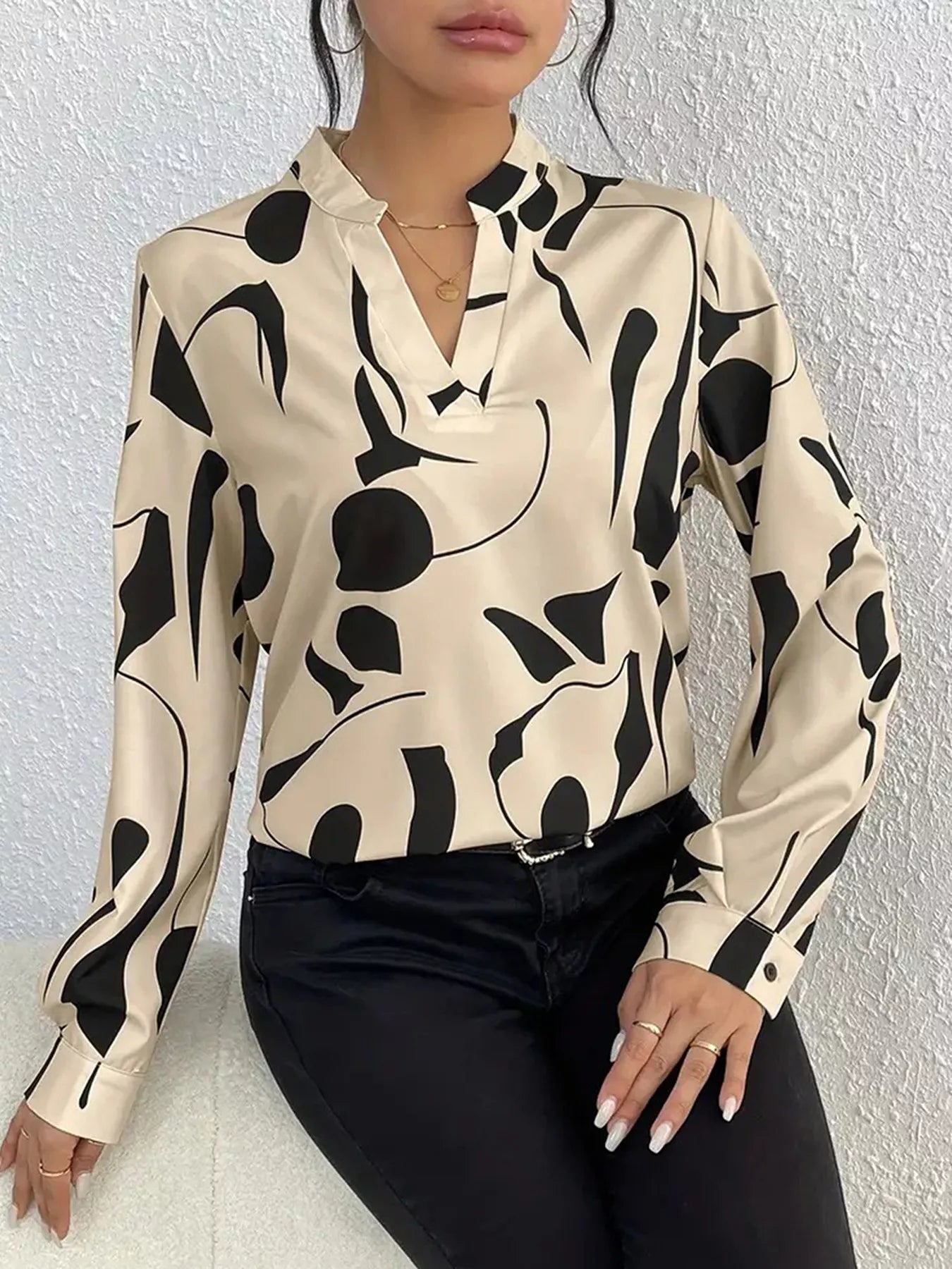 Abstract Print Notched Long Sleeve Blouse