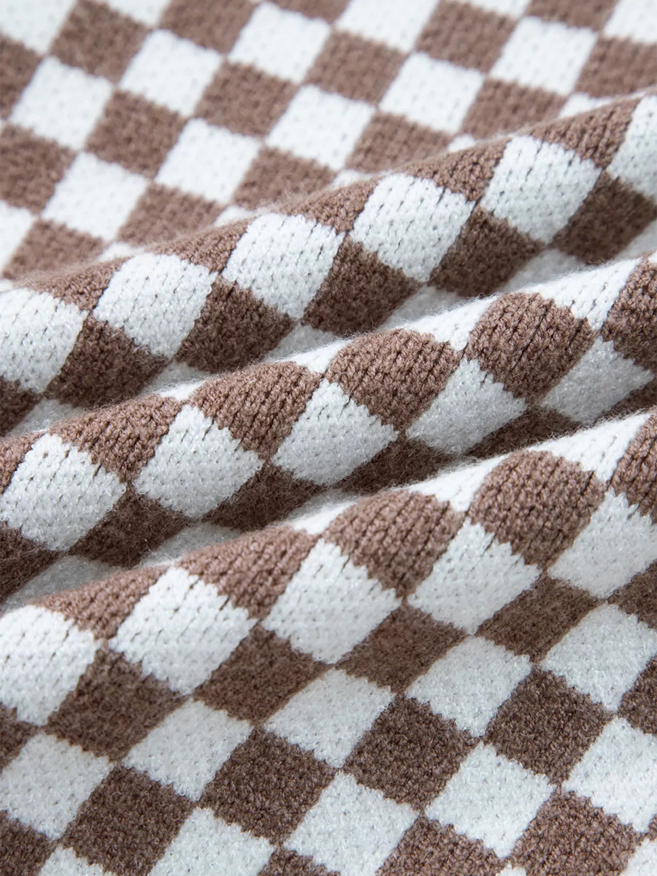 Half Button Ribbed Trim Checkerboard Knit Sweater