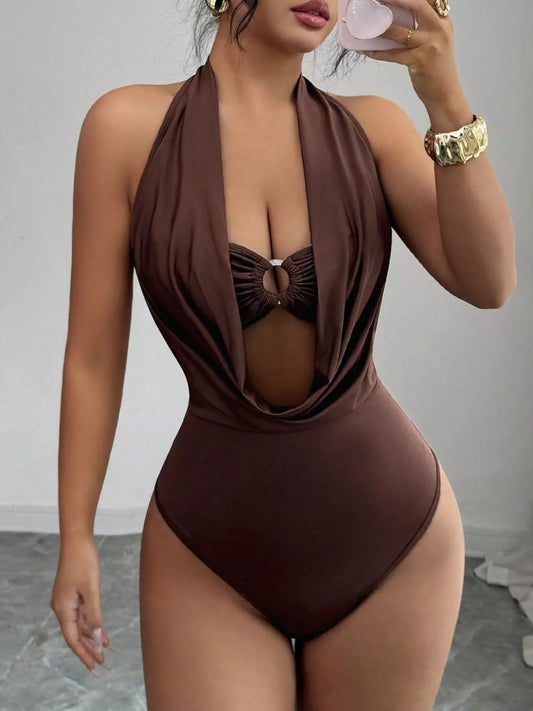 Halter Neck Ruched Ring Detail Bodysuit