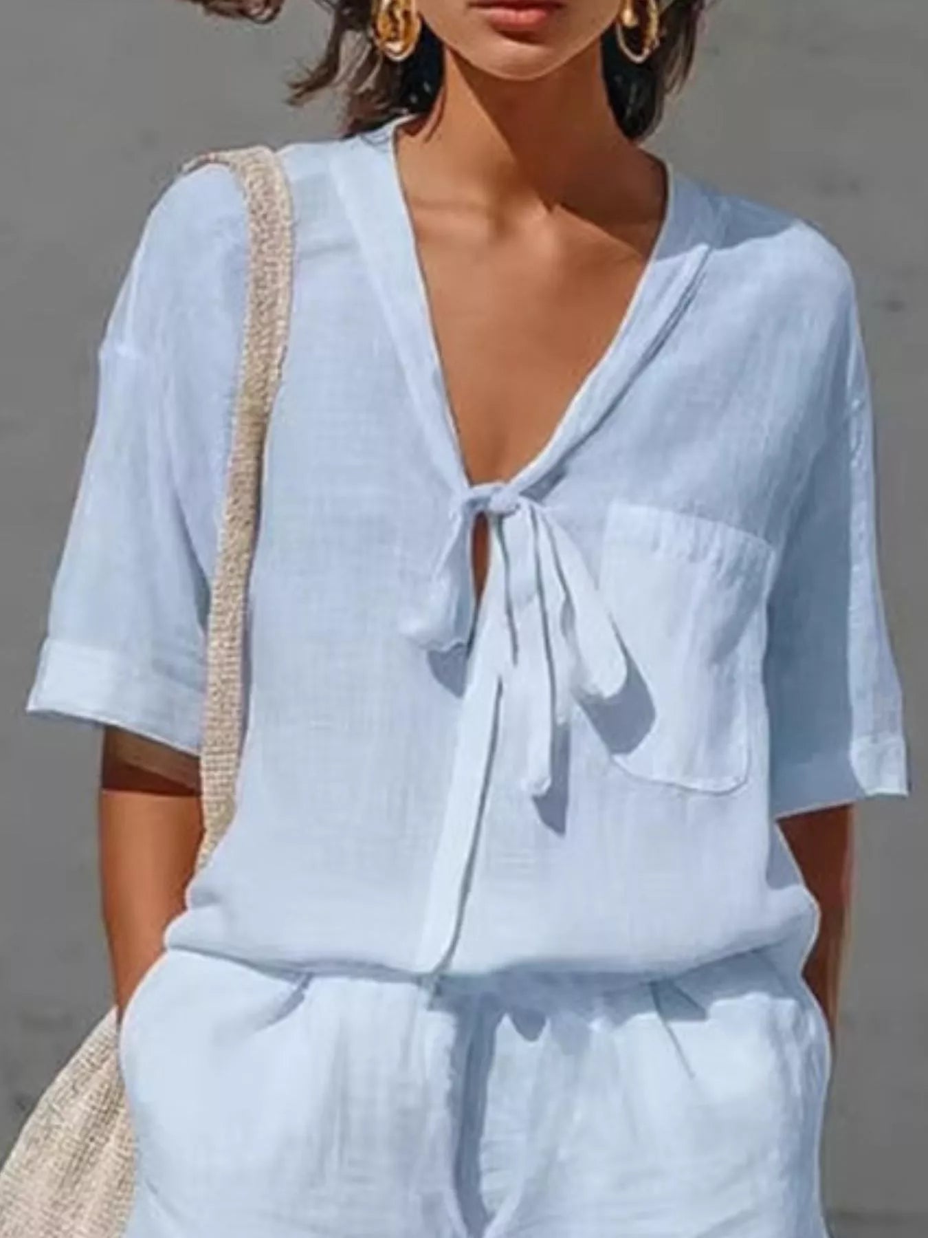 Tie-Front Half Sleeve Shirt and Shorts Set