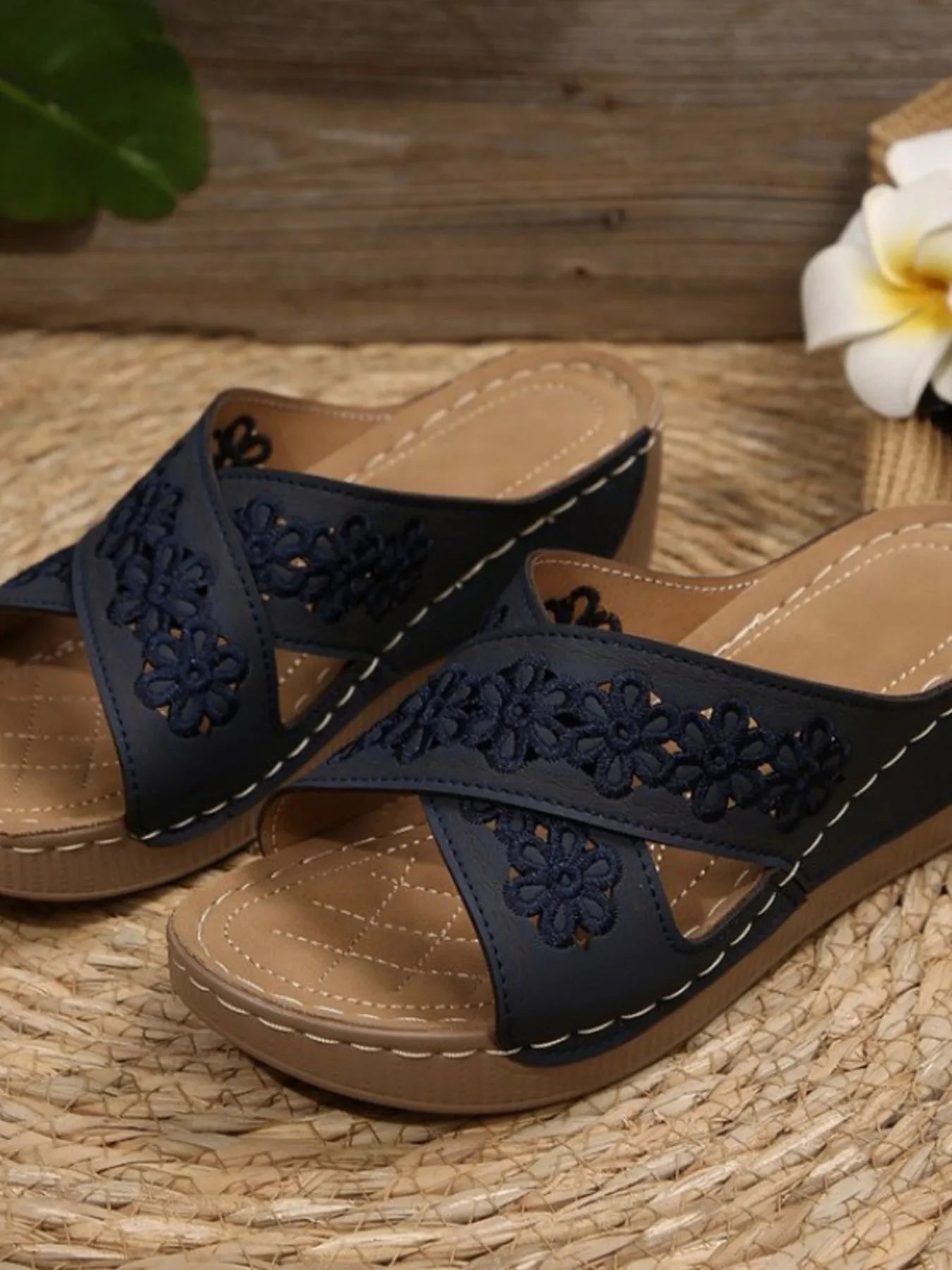 Crisscross Flower Wedge Sandals