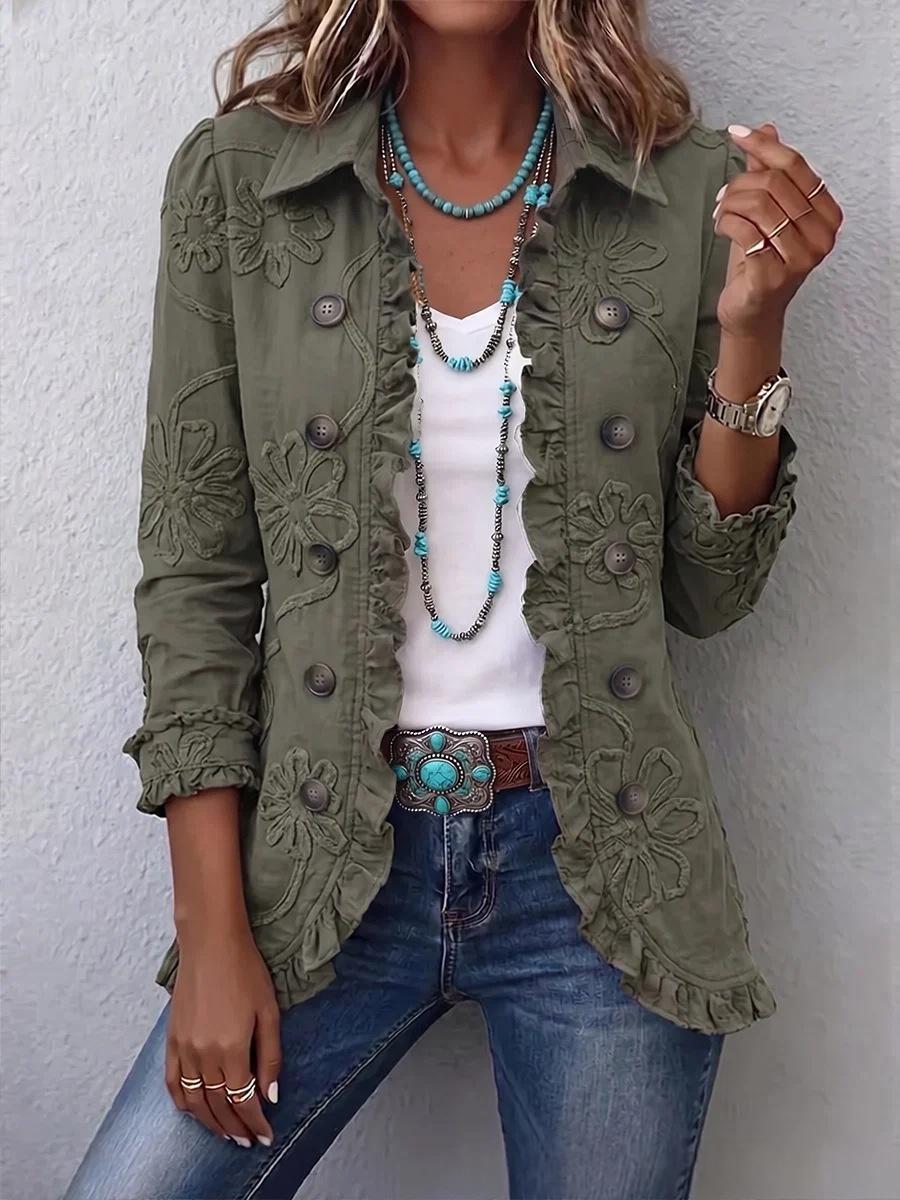 Floral Embroidered Ruffle Trim Double-Breasted Boho Jacket