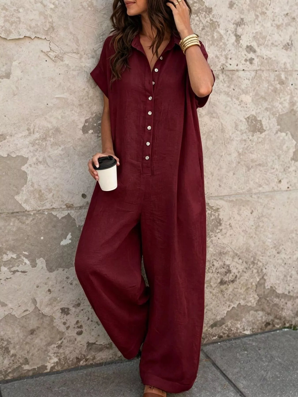 Button Front Short Sleeve Jumpsuit