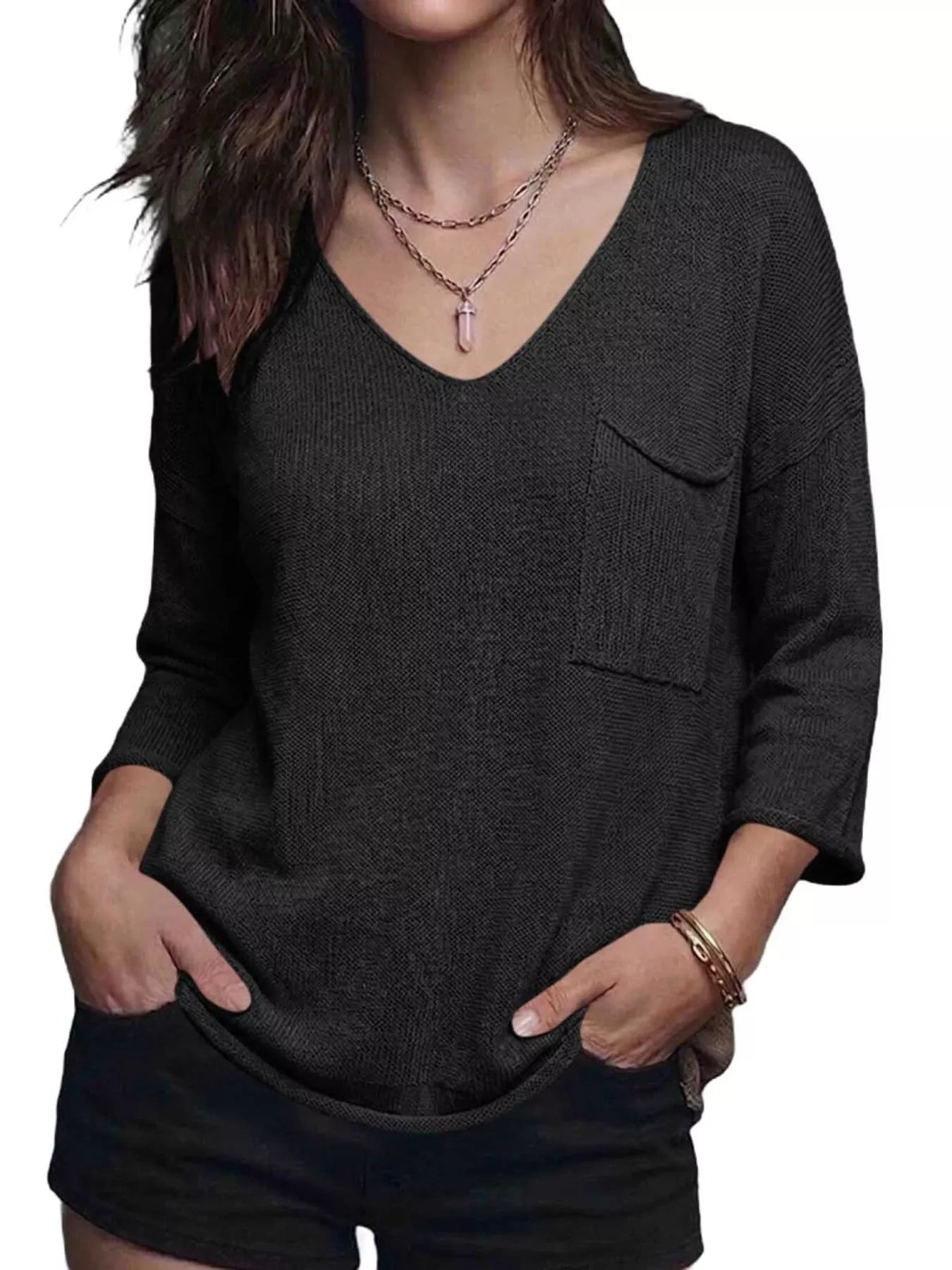 V-Neck Chest Pocket Knit Top