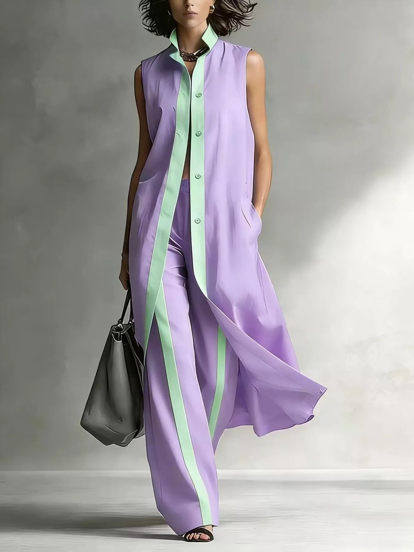 Full Size Sleeveless Longline Vest and Wide‑Leg Pants Set Plus Size