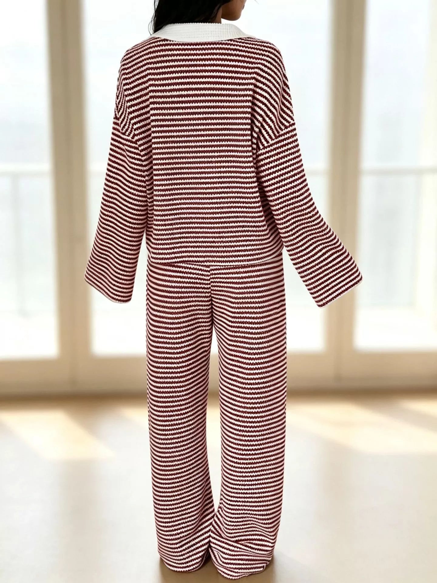 Striped Long Sleeve Polo and Wide-Leg Pants Set