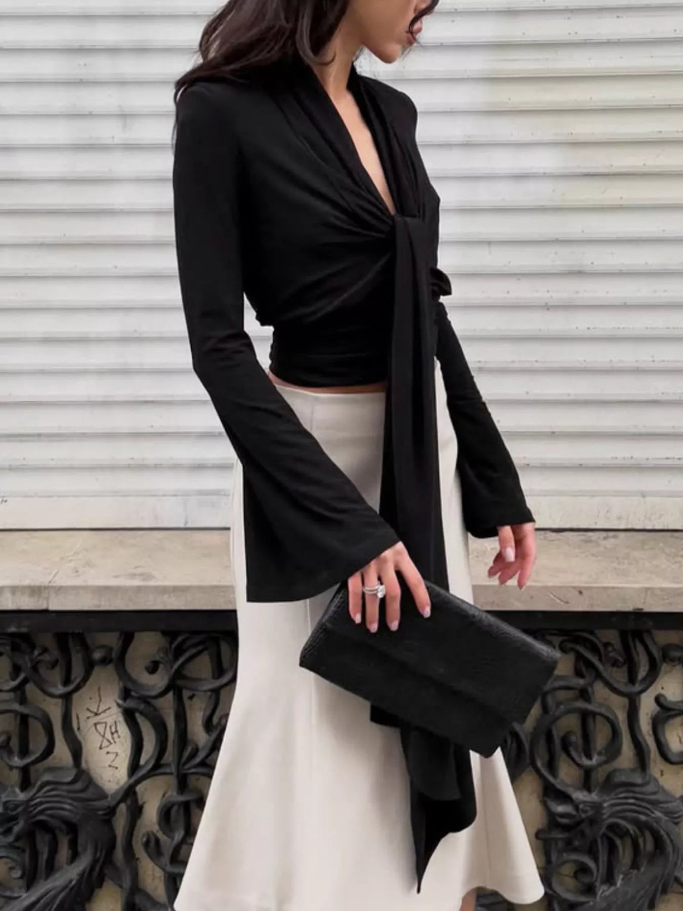 Front Tie Detail Flare Sleeve Blouse