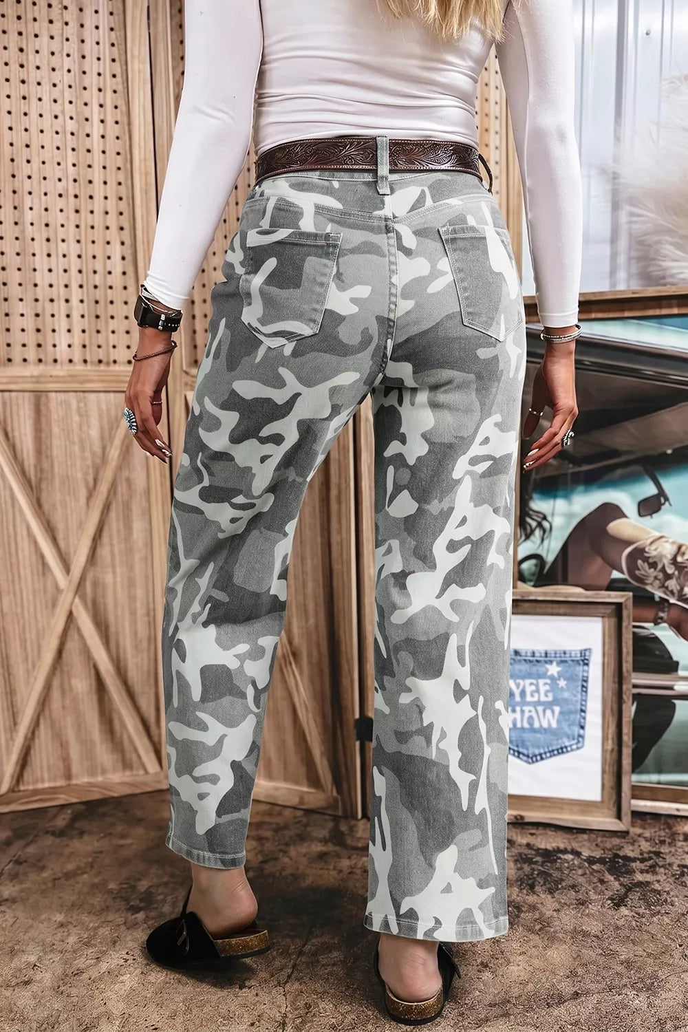 Camo Pattern Cotton Denim Shift Jeans