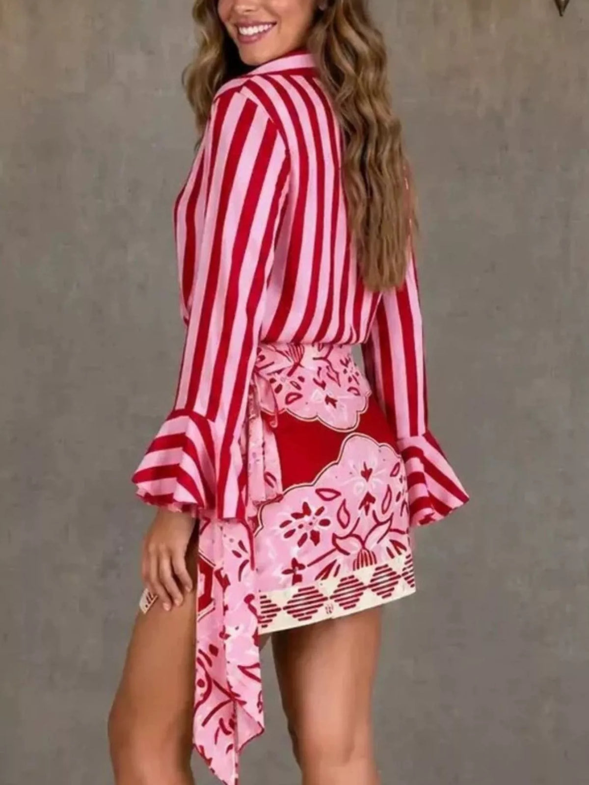 Striped Bell Sleeve Shirt and Skirt Set