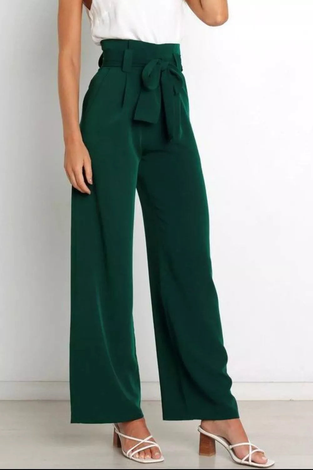 High Waist Tie Front Wide Leg Pants