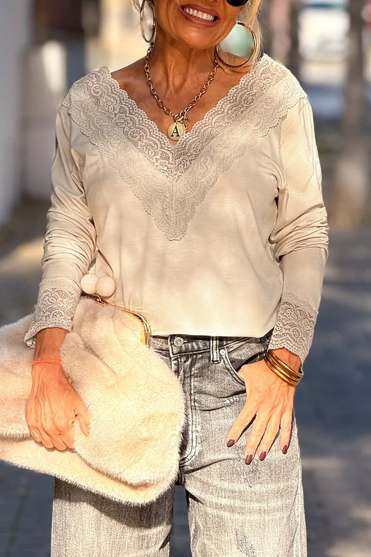 Lace Trim V Neck Long Sleeve Patchwork Pullover Top