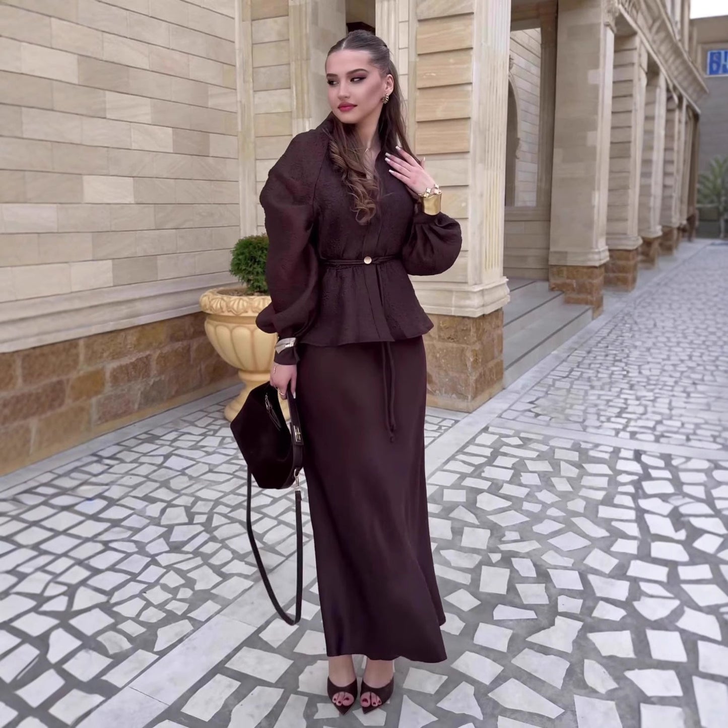 Women's V-Neck Puff Sleeve Belted Peplum Top & Maxi Skirt Set