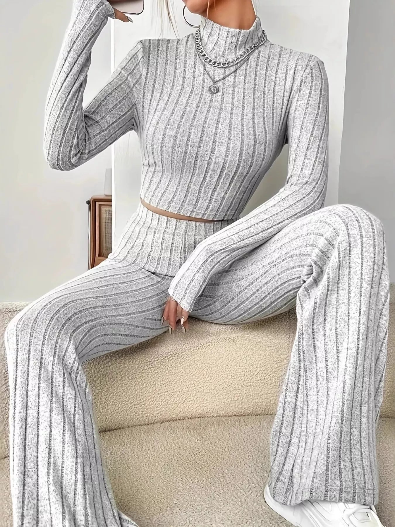 Ribbed Turtleneck Crop Top and Flare Pants Sweater Set
