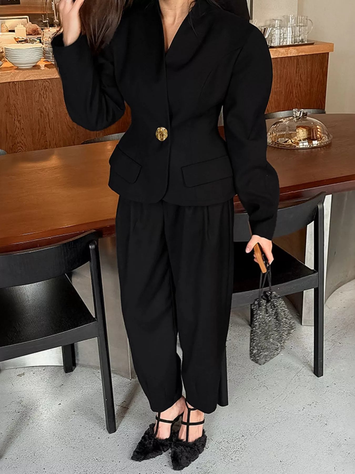 Puffy Sleeve Blazer and Wide-Leg Pants Set