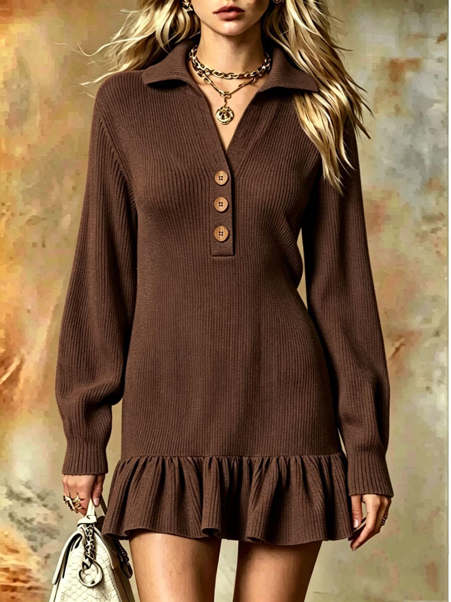 Ribbed Knit Polo Dress | Ruffle Hem Mini | Button-Neck Long Sleeve Dress