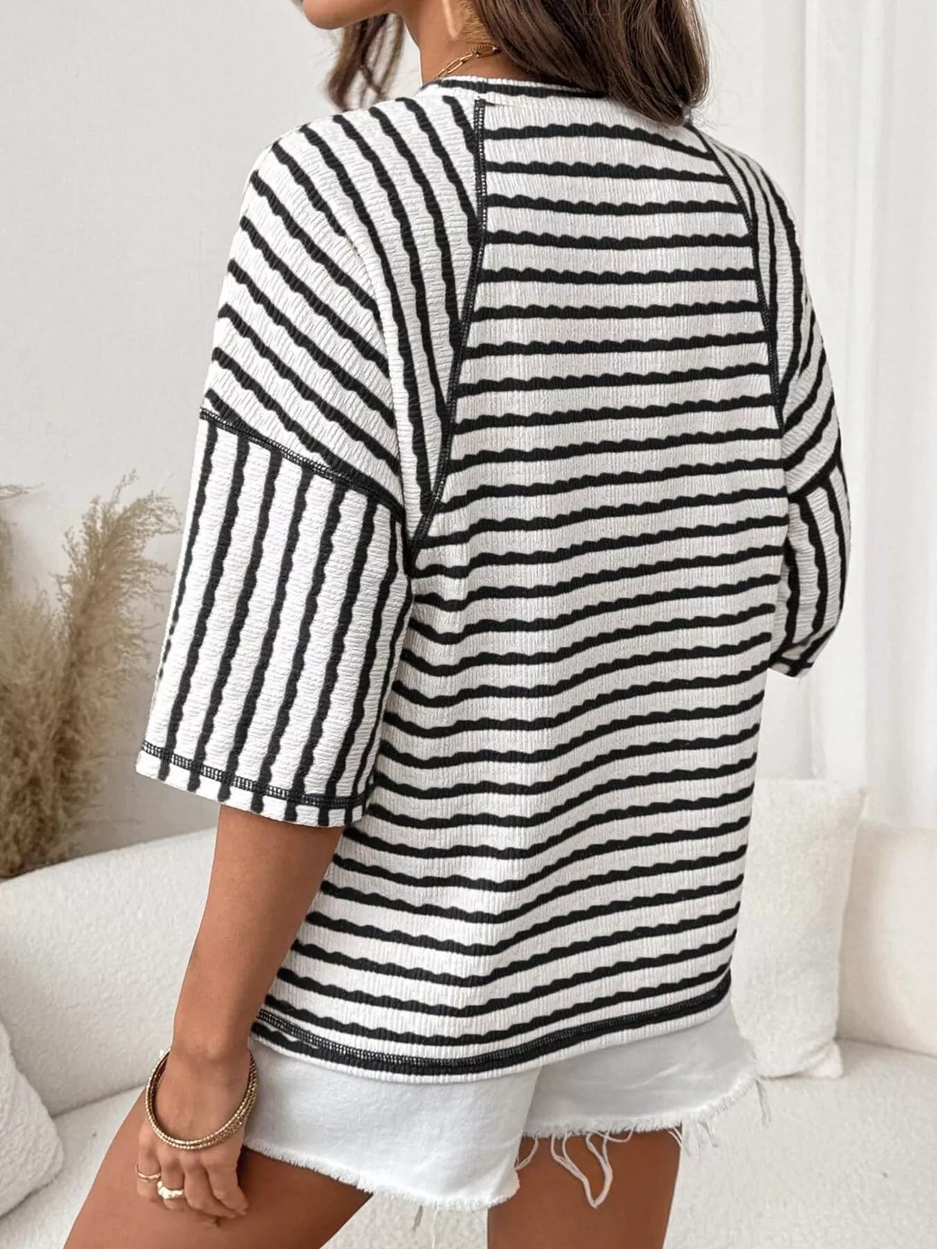 Casual Striped Raglan Sleeve Textured T-Shirt