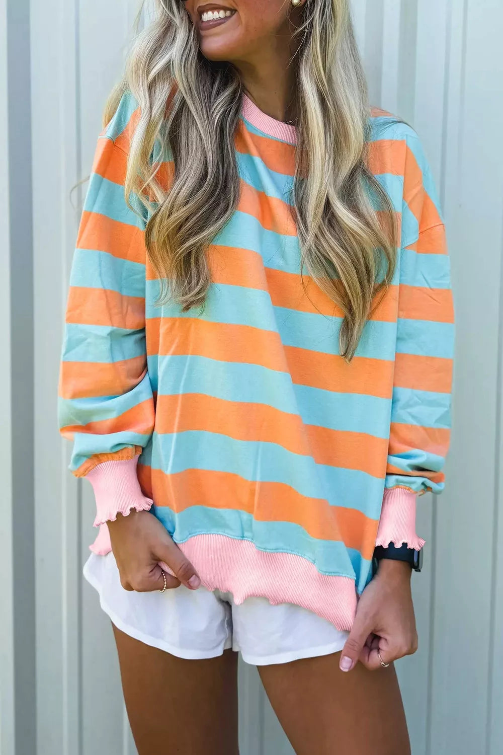 Striped Long Sleeve Top with Lettuce-Edge Cuffs