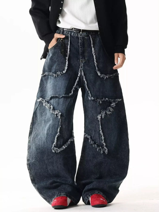 Men's Full Size Star Patchwork Wide Leg Jeans Plus Size