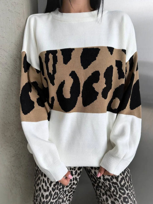 Leopard Color Block Round Neck Sweater