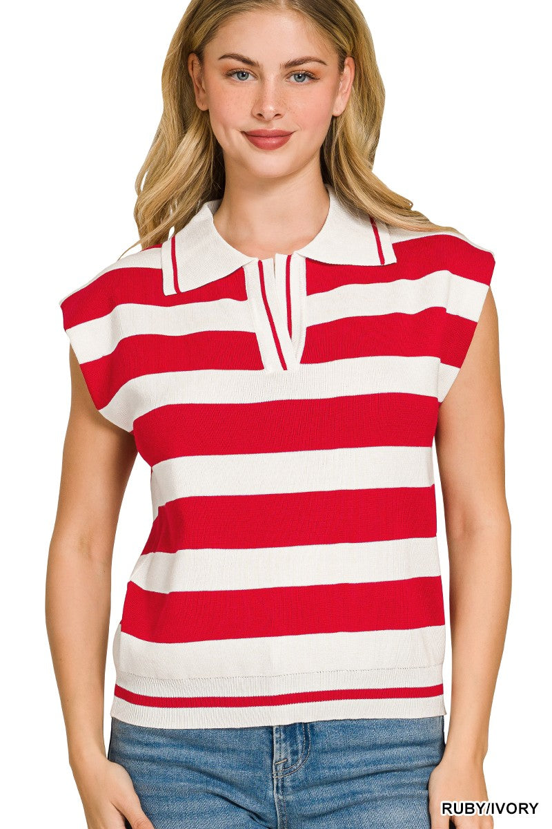 Zenana Viscose Striped Collared Sweater Vest