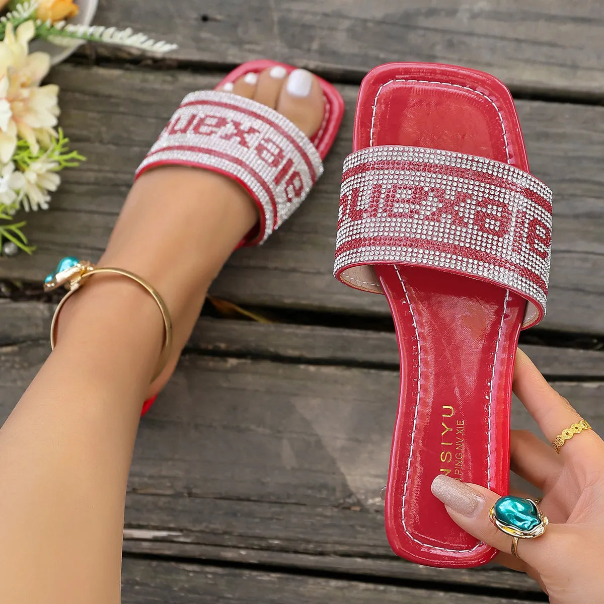Rhinestone Open Toe Flats Sandals