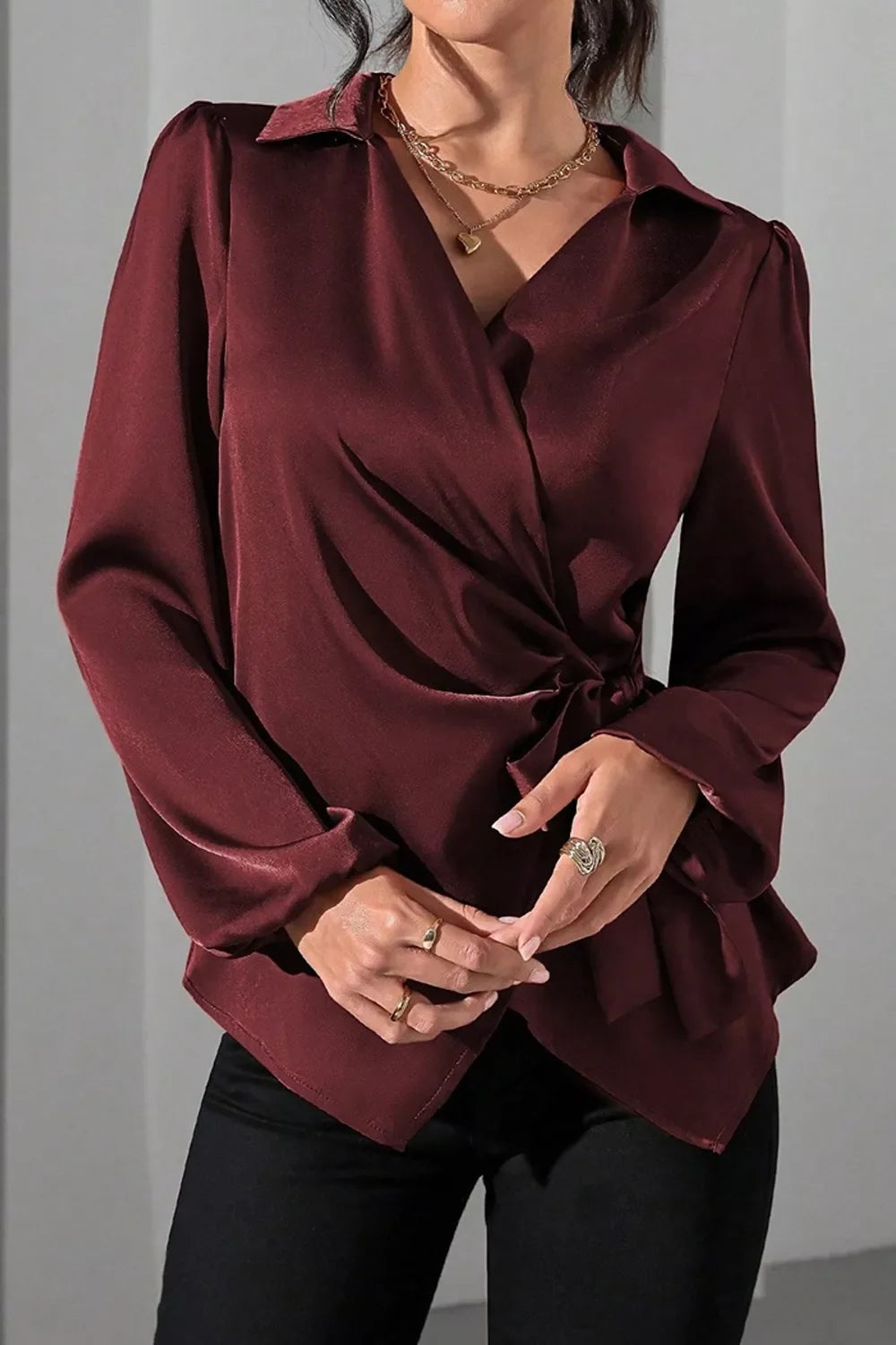 Satin Tied Detail Long Sleeve Blouse