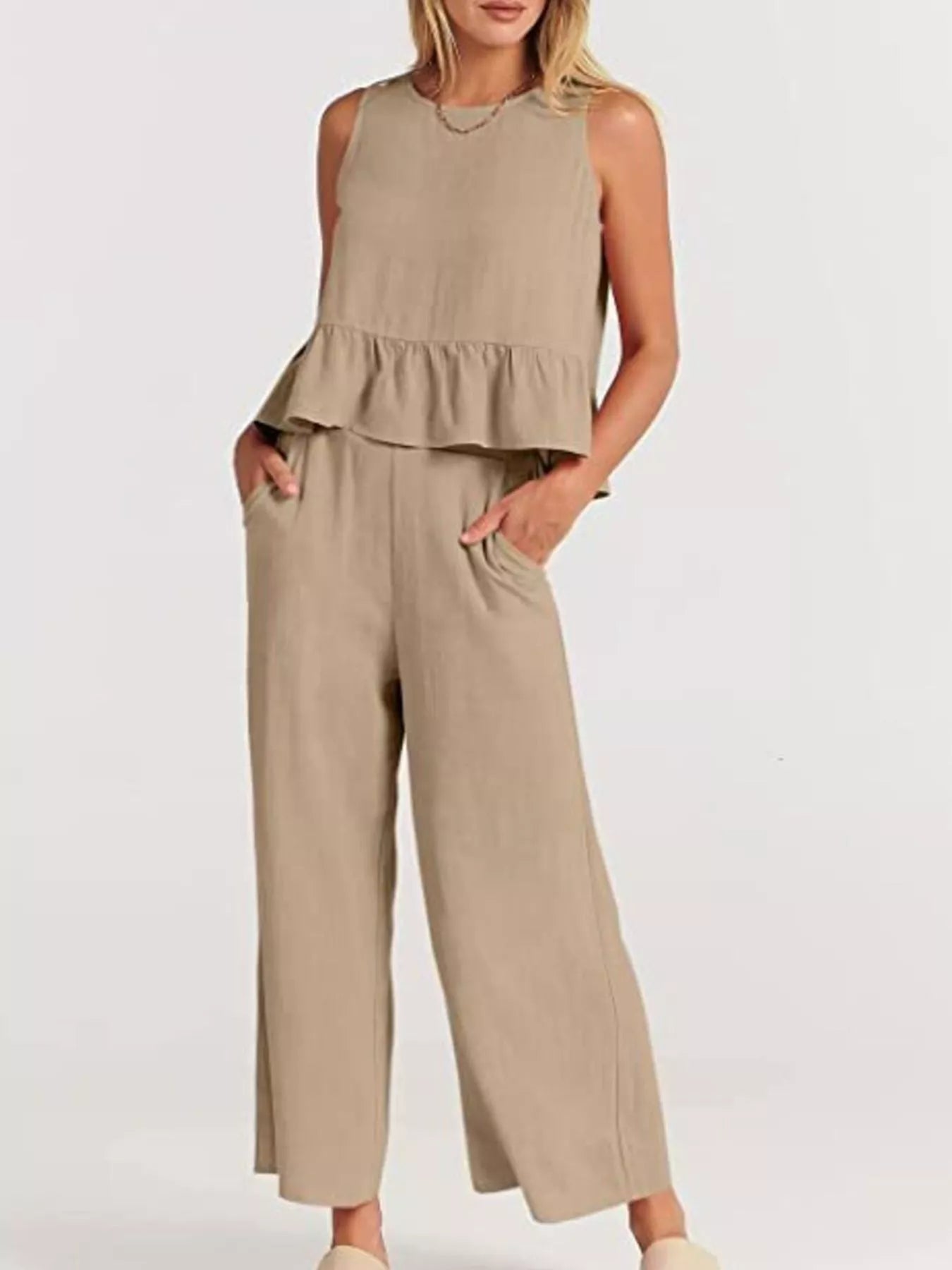 Full Size Ruffled Hem Sleeveless Top and Wide-Leg Pants Set Plus Size