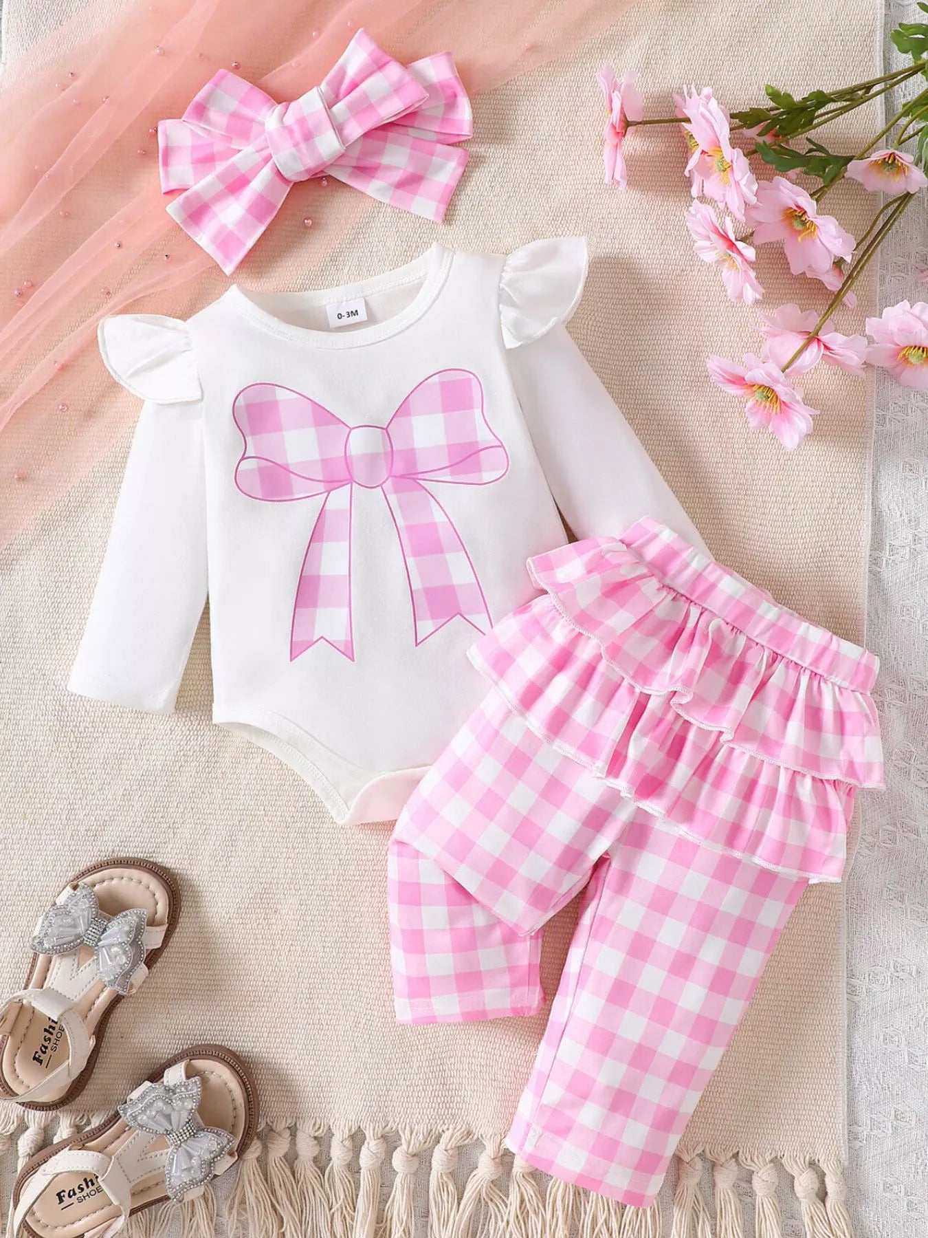 Children's Ruffled Bow Graphic Bodysuit and Pants Set with Headband