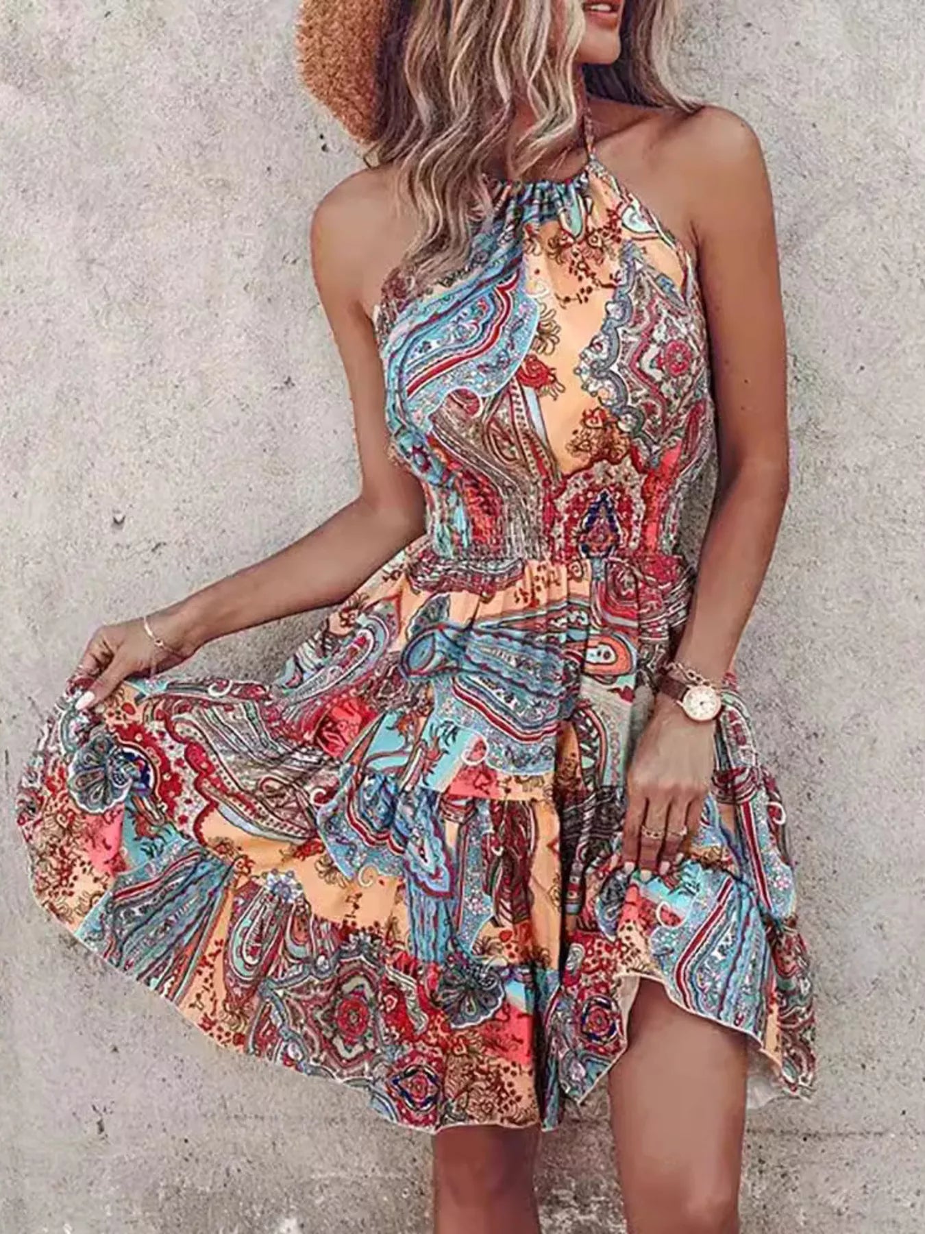 Bohemian Printed Halter Mini Dress