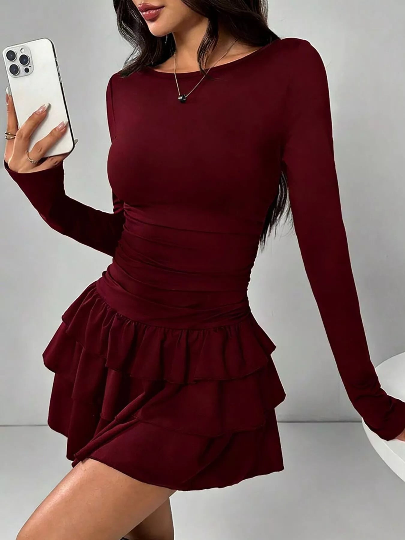 Ruched Long Sleeve Layered Ruffle Mini Dress
