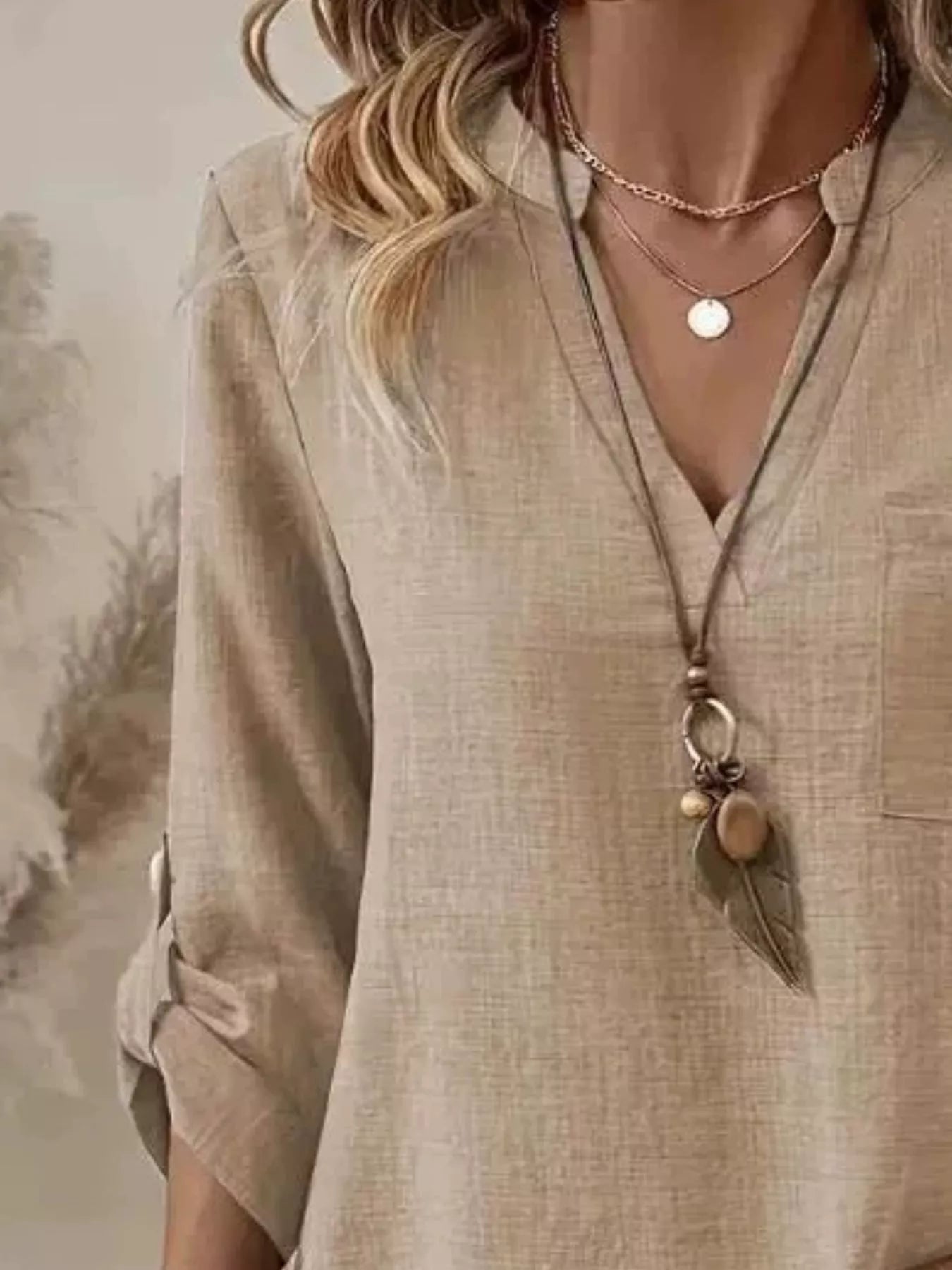 Casual V-Neck Roll-Sleeve T-Shirt with Pocket