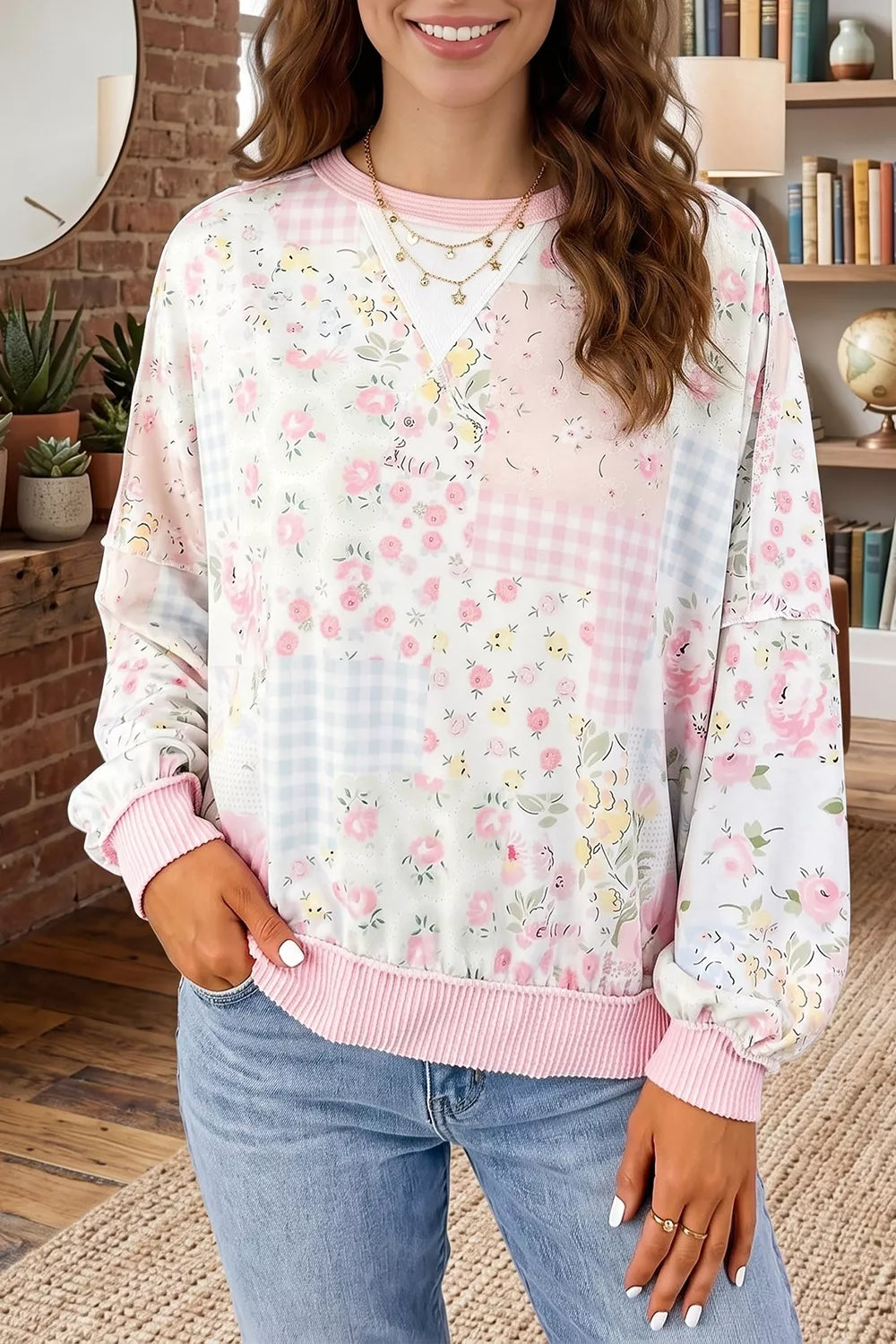 Twisted Ribbed Trim Floral Print Patchwork Long Sleeve Top