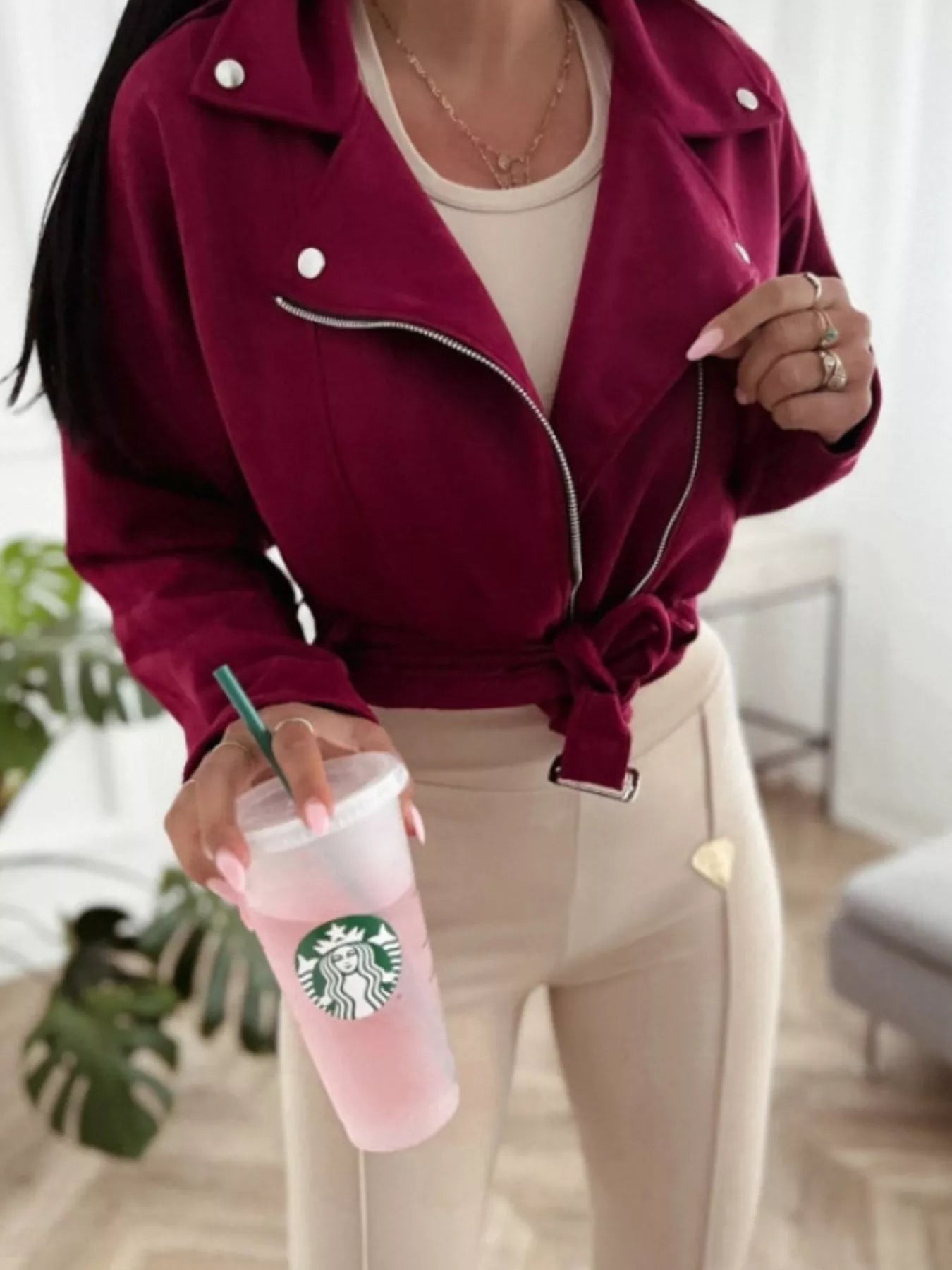 Cropped Biker Jacket with Belt Detail