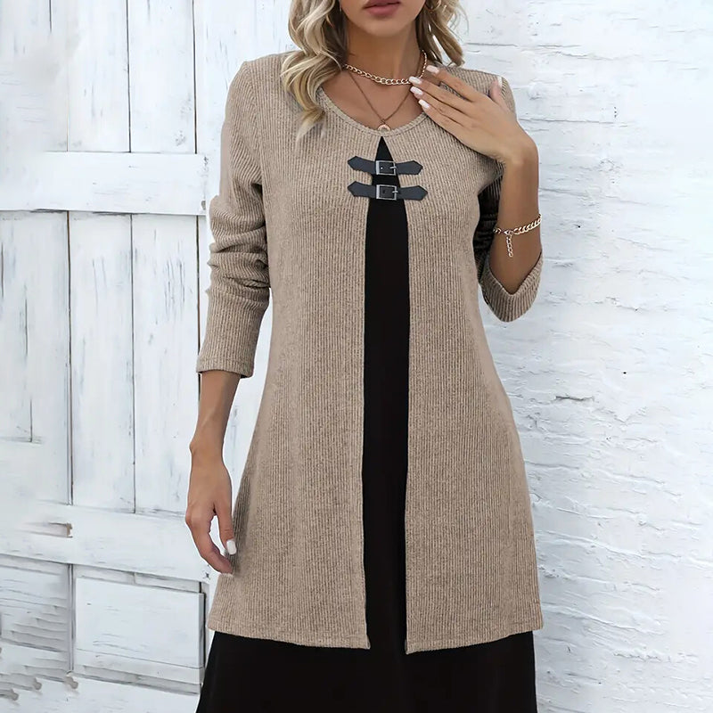 Women's Color-Block Midi Dress, Long Sleeve Faux Two-Piece Daily Dress (See size chart where applicable)