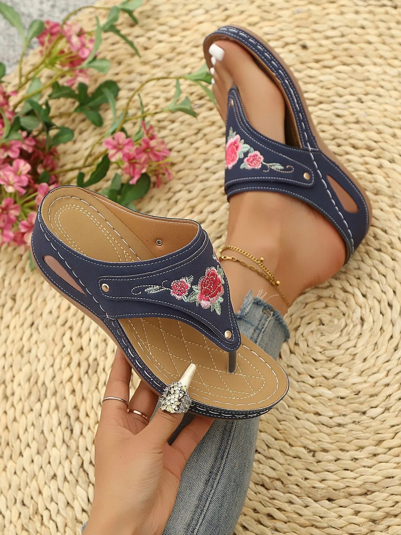 Embroidered Floral Wedge Sandals