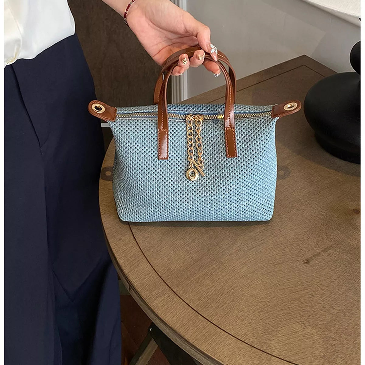 Woven Crossbody Bag with Leather Accents