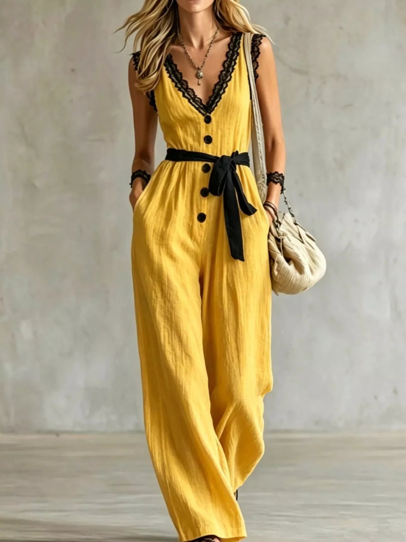 Lace Trim Sleeveless Wide Leg Jumpsuit