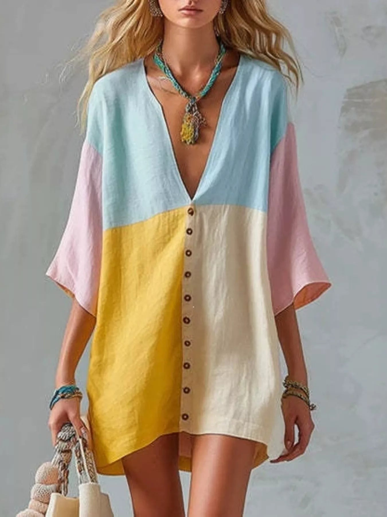 Color Block V-Neck Mini Dress