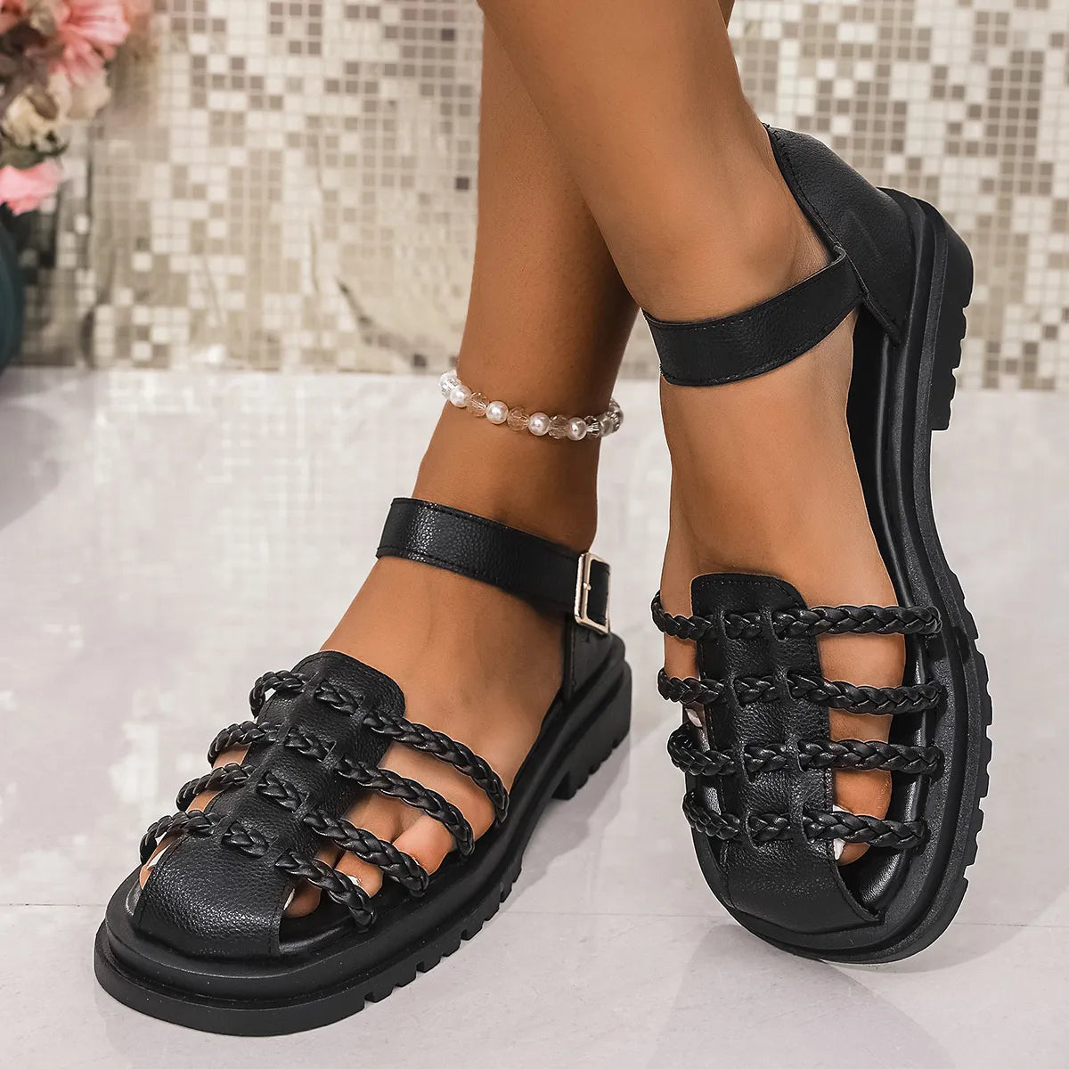 Braided Ankle Strap Sandals