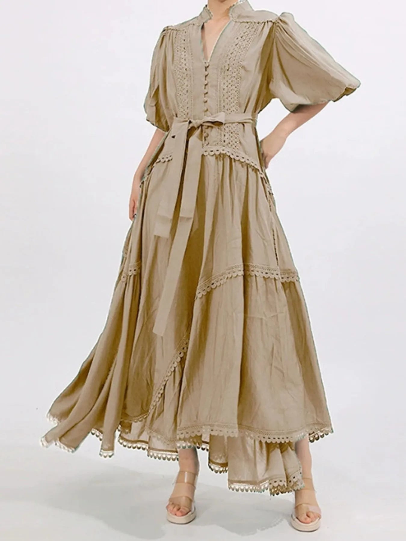 Lace Detail Notched Puff Sleeve Maxi Dress