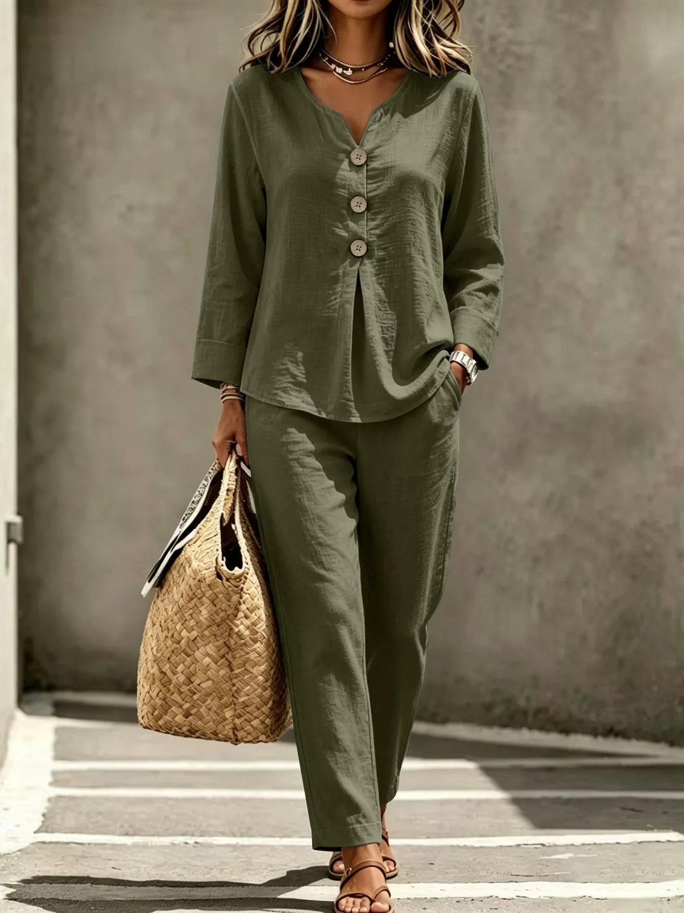 Button Detail Long Sleeve Top and Pants Set