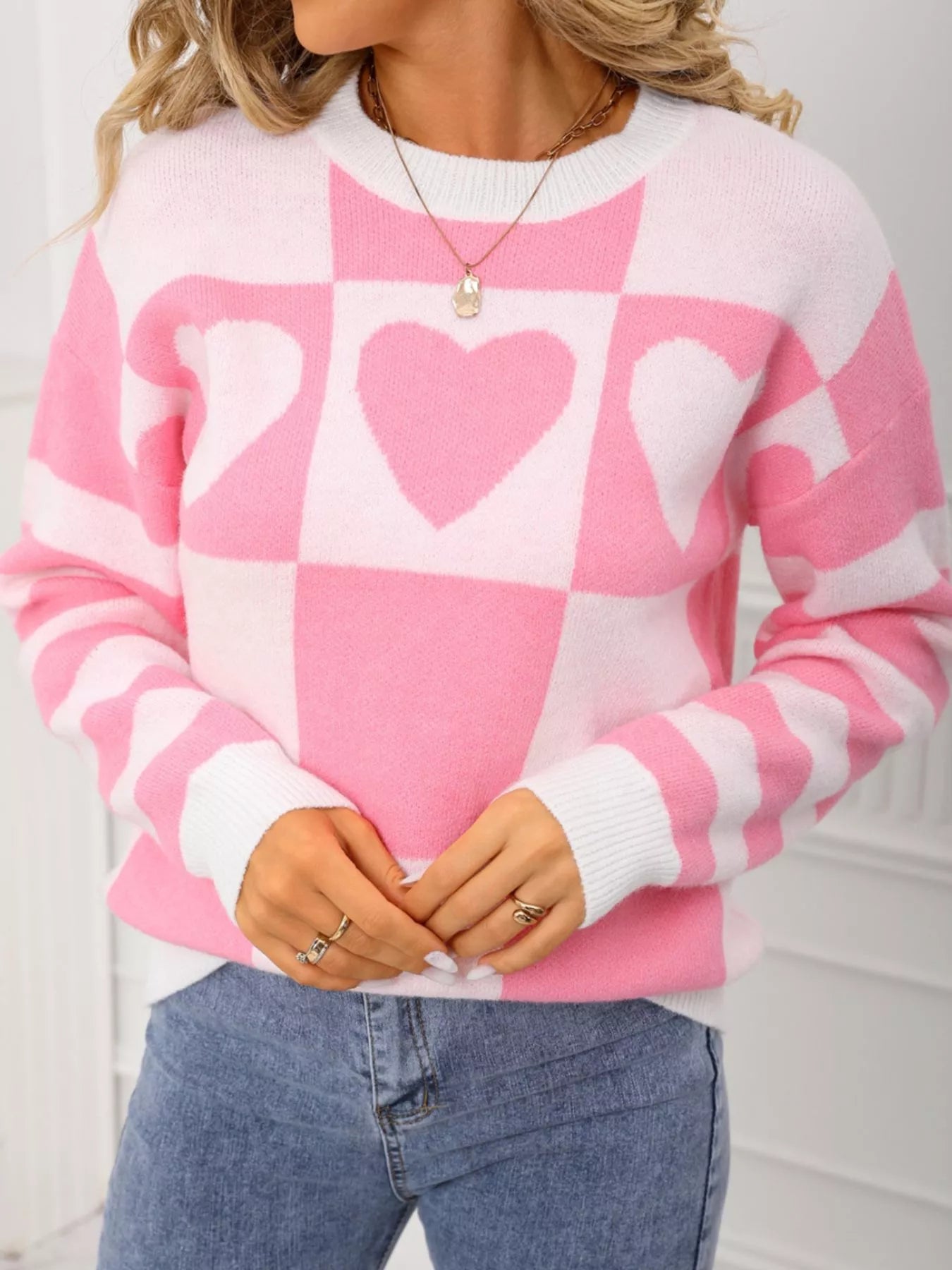 Heart Pattern Checkerboard Knit Sweater