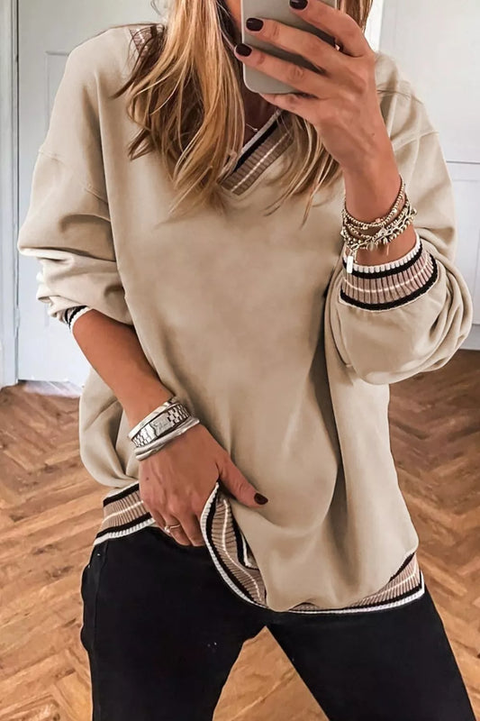 Casual V-Neck Striped Trim Pullover