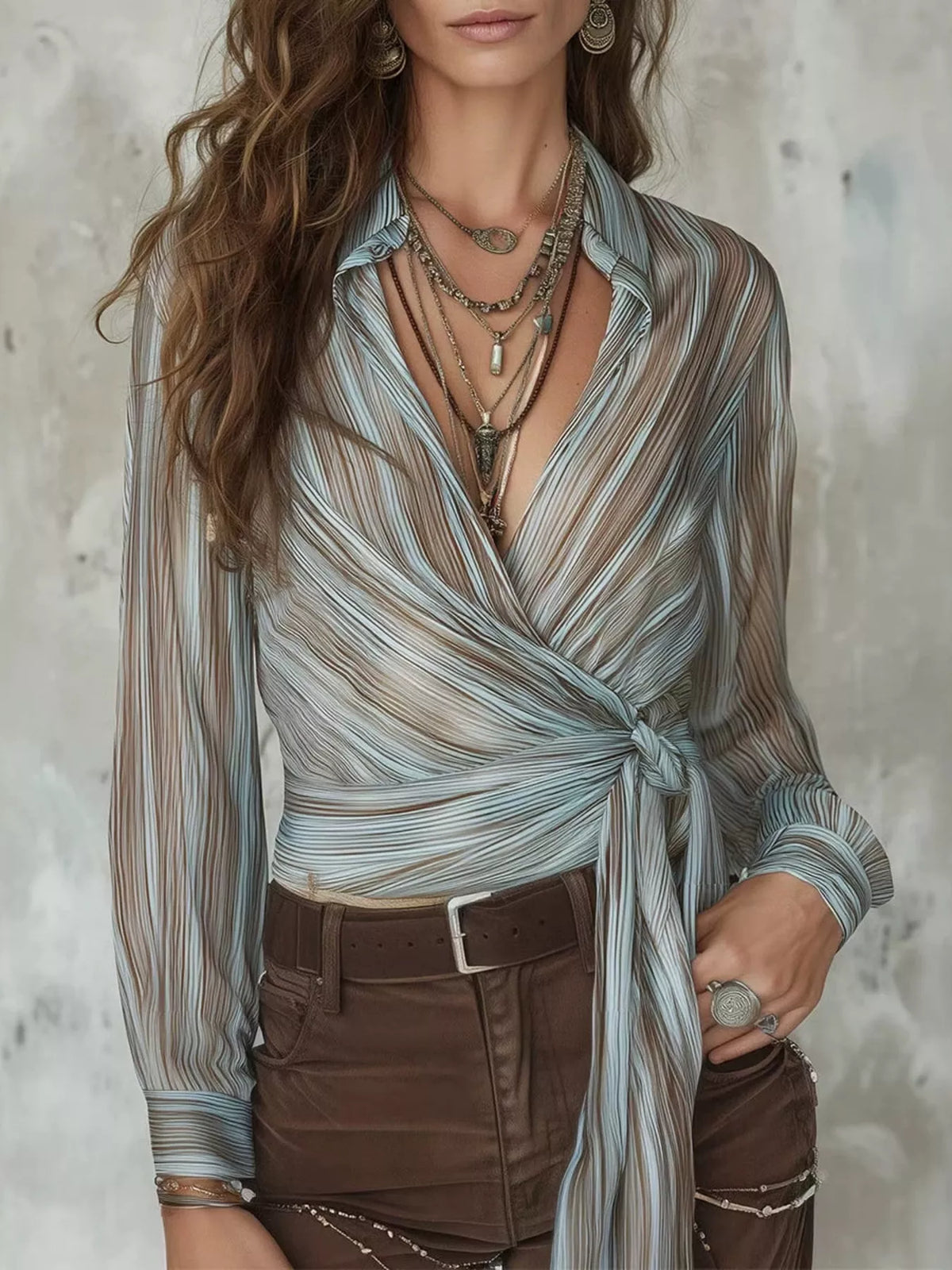 Striped Wrap Shirt with Tie-Front Detail