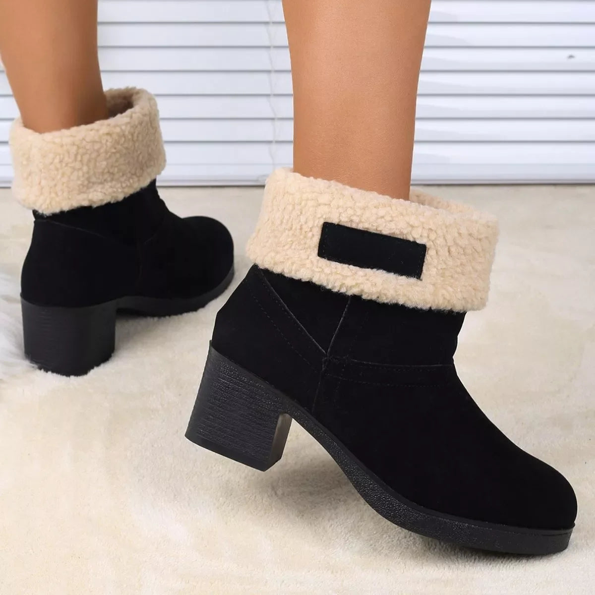 Plush Cuff Block Heel Boots