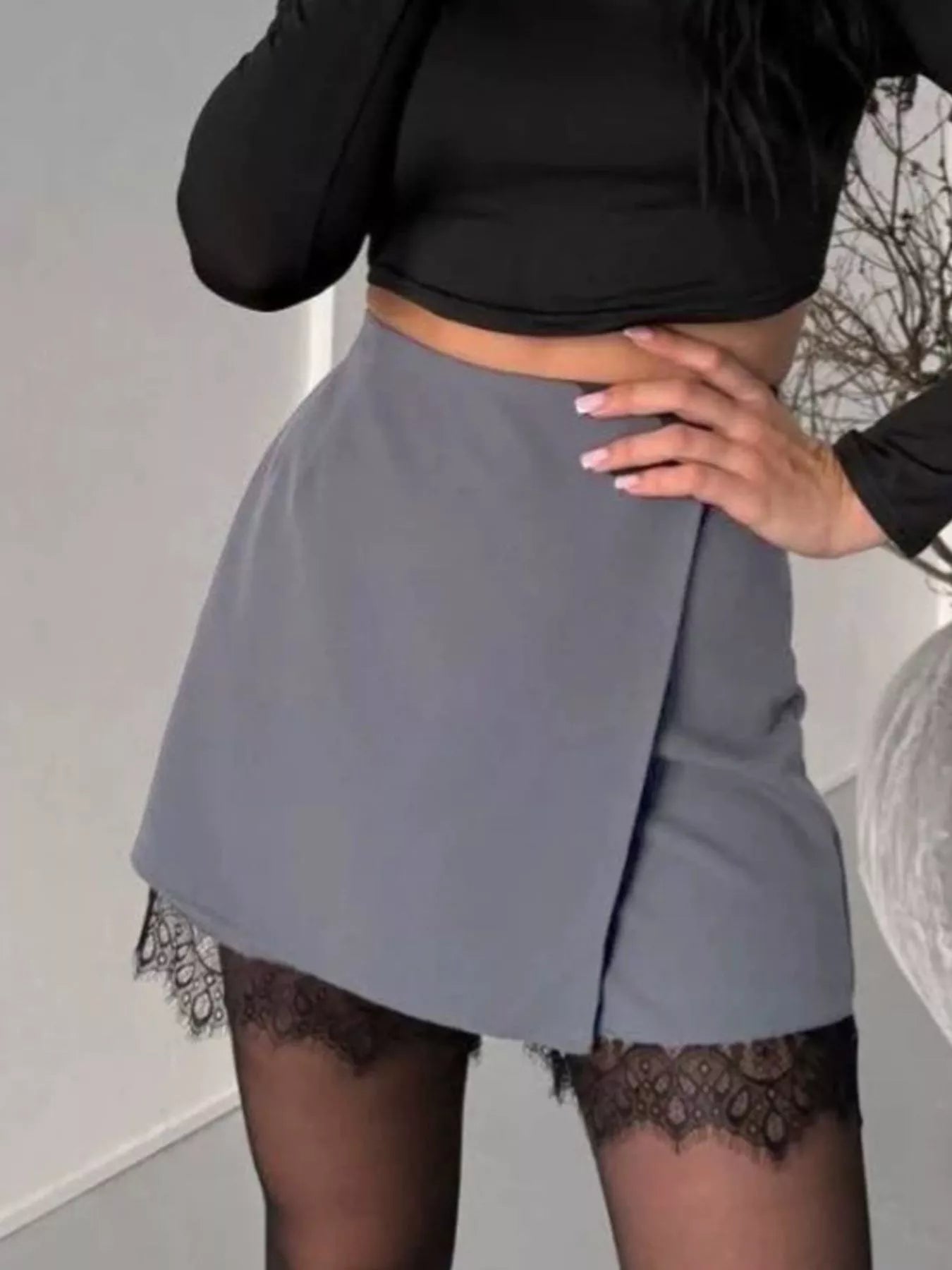 High-Waisted Lace Hem Skort