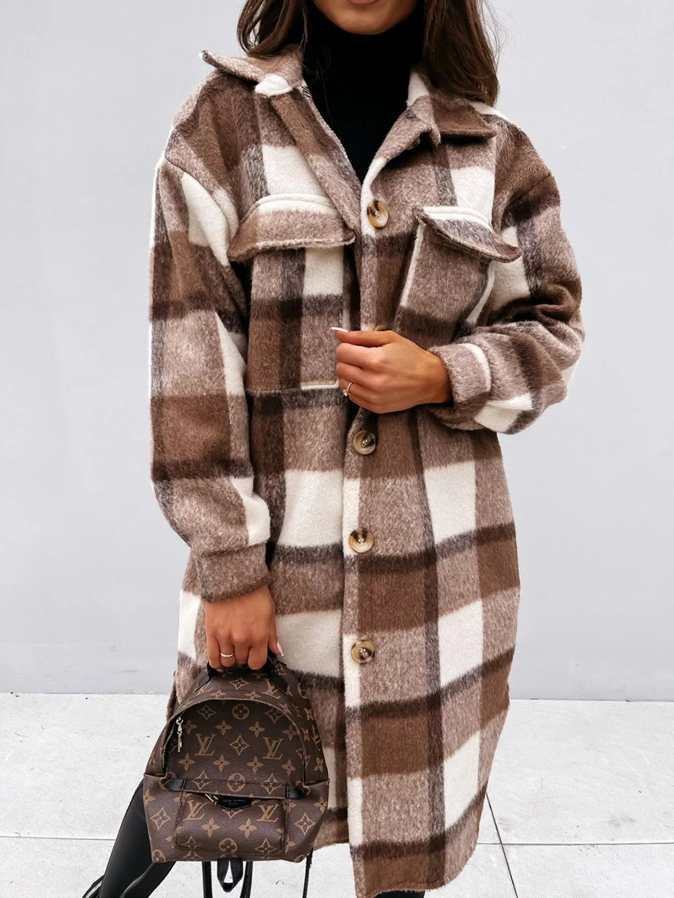 Longline Plaid Button Up Coat