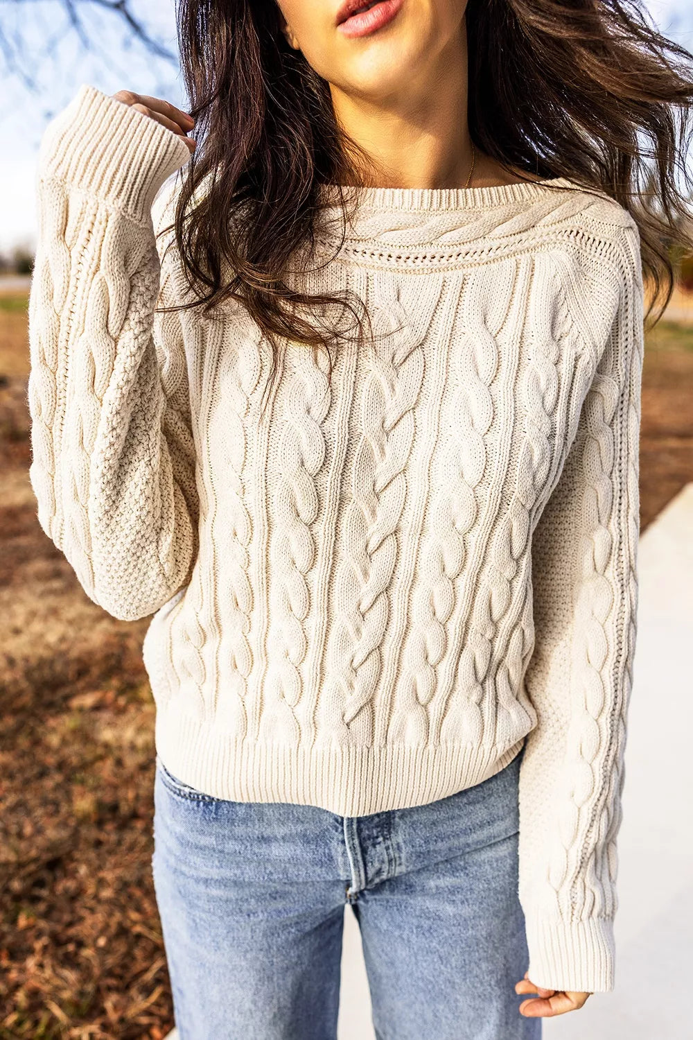 Drop Shoulder Round Neck Cable Knit Sweater