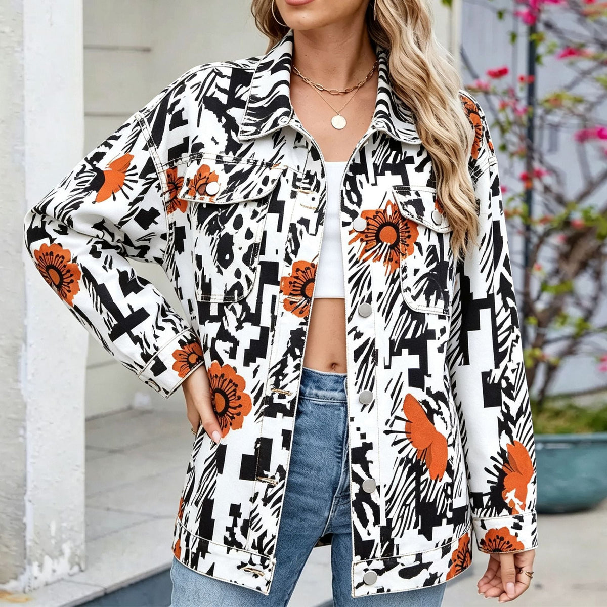 Women's Botanical Print Drop-Shoulder Denim Jacket