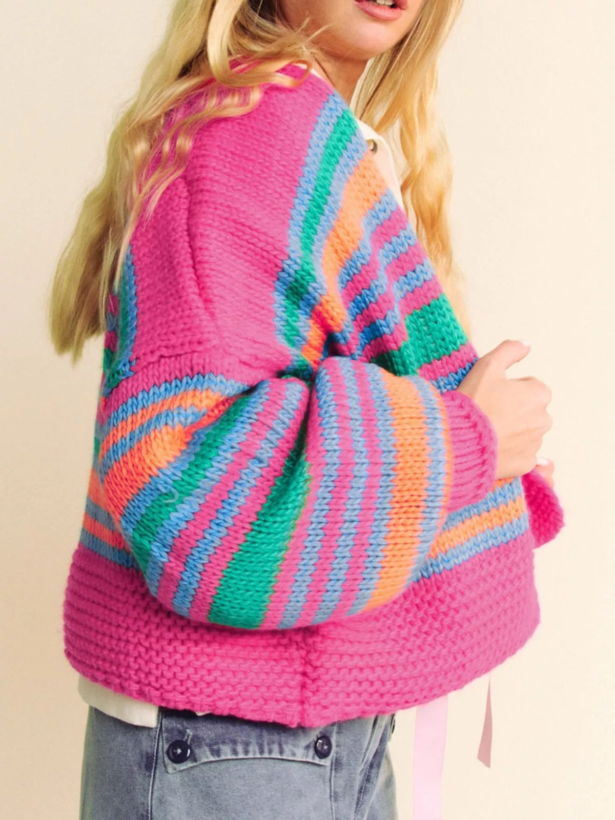 Stripe Colorful Puff Sleeve Drop Shoulder Loose Cardigan